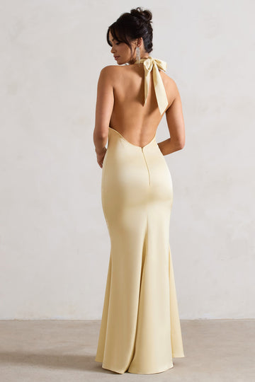 Unbeatable Lemon Satin Cross Over Halter-Neck Maxi Dress